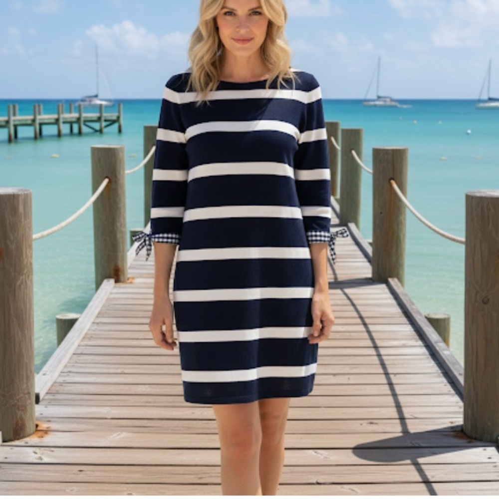 Nautical Stripe coastal navy white a-line dress 3/4 sleeve, gingham trim Medium